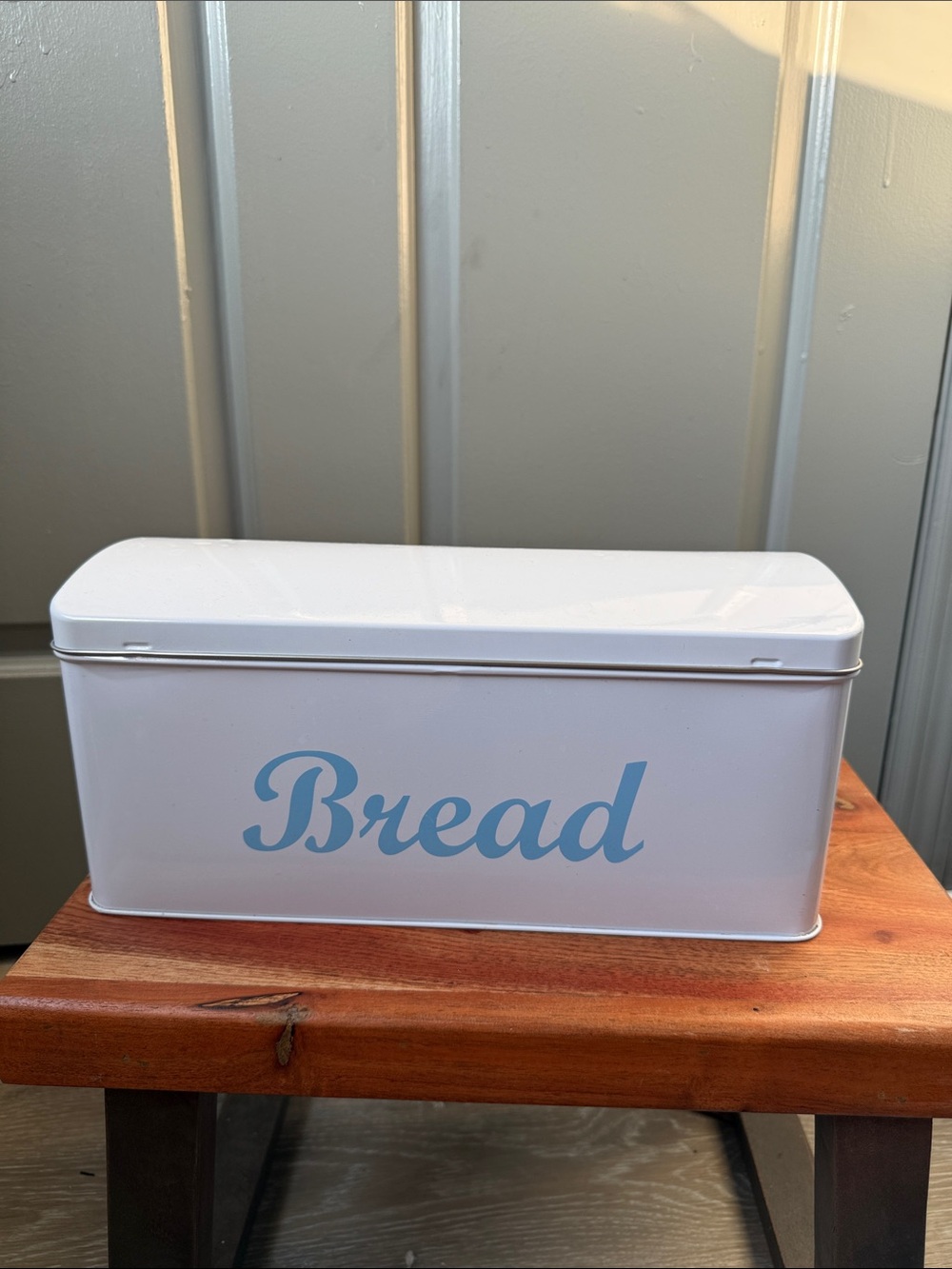 Classic White Bread Box with Blue Script - Countertop Storage